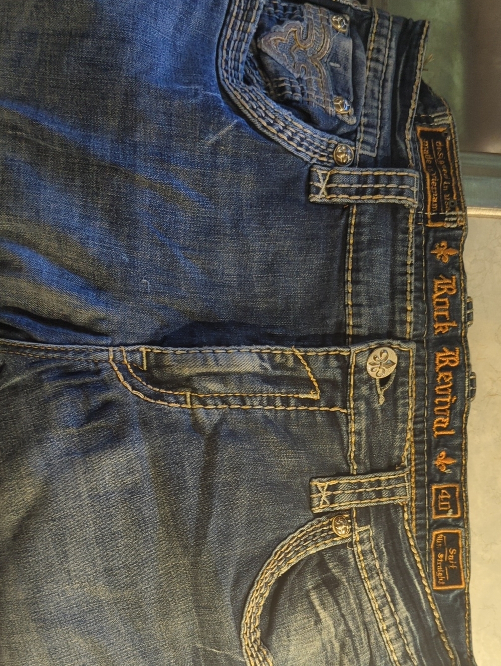 Rock Revival Men's Dark Blue Slim Straight Jeans with Contrast Stitching